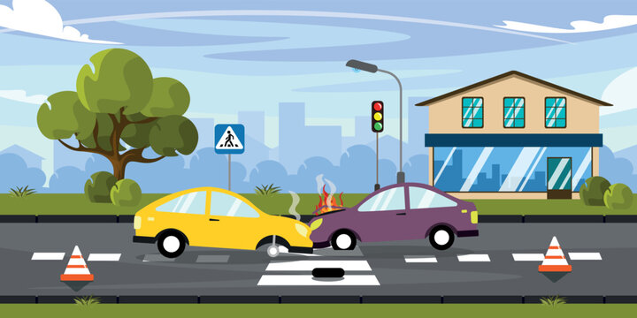 Vector illustration of car accident. Cartoon urban an accident involving cars that are on fire, lost their wheels and crashed at a pedestrian crossing with the city in the background.
