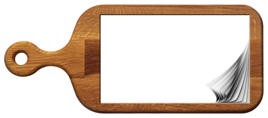 Old cutting board with empty curled pages, isolated on white or transparent background with copy space. Template for recipes or food and drink menu, png.