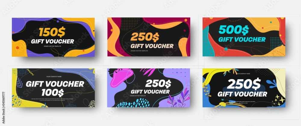 Poster set of black vector discount vouchers with colorful abstract design.