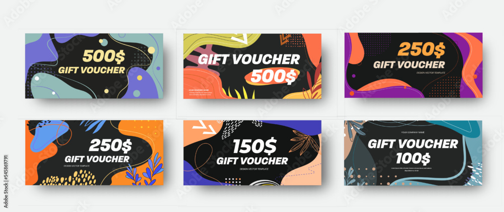 Poster set of black vector discount vouchers with colorful abstract design.
