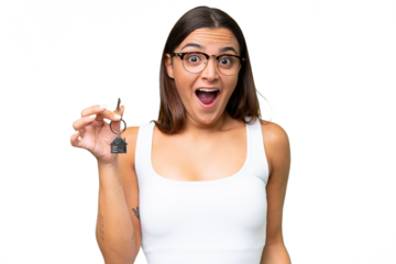 Young caucasian woman holding home keys isolated on green chroma background with surprise and shocked facial expression
