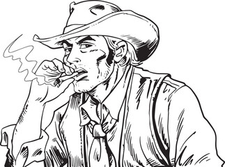 Cowboy with  hat, vector realistic hand drawn sketch  isolated on white background