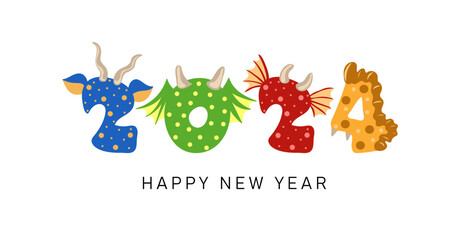Hand drawn decorative New Year poster template. Cartoon Number 2024 with Dragon horns and wings. Happy new year of dragon.Vector illustration