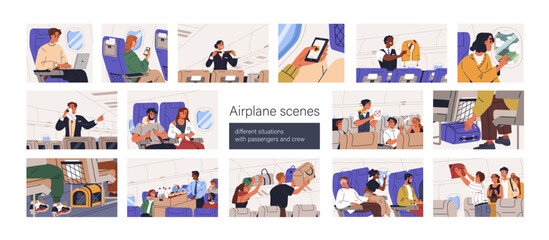 Passengers travel by air. People, crew in airplane set. Tourists with bags, phone and stewardesses work, services during flight, journey in aircraft. Plane salon scenes. Flat vector illustrations © Good Studio