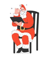 Christmas card with cute Santa Claus holding a laptop with wishing list