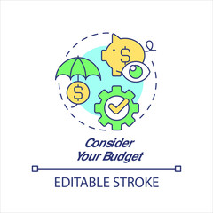 Consider your budget concept icon. Business finance management. Allocate funds abstract idea thin line illustration. Isolated outline drawing. Editable stroke. Arial, Myriad Pro-Bold fonts used