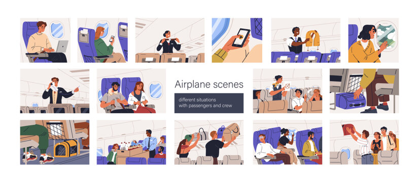 Passengers travel by air. People, crew in airplane set. Tourists with bags, phone and stewardesses work, services during flight, journey in aircraft. Plane salon scenes. Flat vector illustrations