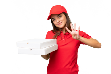 Pizza delivery caucasian woman with work uniform picking up pizza boxes isolated on green chroma background happy and counting four with fingers