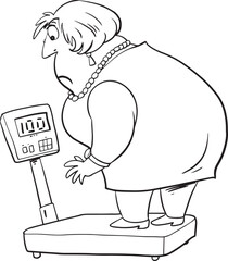 Black and white illustration of a fat woman on a scale