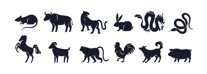 Animals silhouettes, Chinese Zodiac symbols. 12 signs for China New Years. Oriental horoscope, astrology mascots set, goat, monkey, boar, rabbit and rooster. Isolated flat graphic vector illustrations