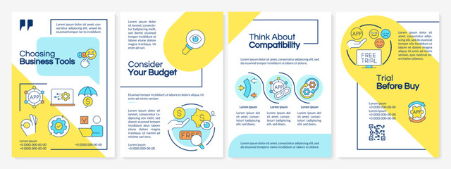 Selecting business tools tips blue and yellow brochure template. Leaflet design with linear icons. Editable 4 vector layouts for presentation, annual reports. Questrial, Lato Regular fonts used © bsd studio