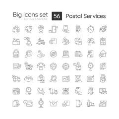 Delivery service linear icons set. Post office. Shipping business. Postal company. Customizable thin line symbols. Isolated vector outline illustrations. Editable stroke. Quicksand-Light font used