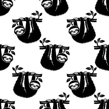 Seamless pattern with cute animal sloth on a branch on a white background.