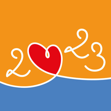 Carte de vœux 2023 sur le concept des rencontres et des relations amoureuses, symbolisé par un dessin au trait d’un coeur rouge sur fond coloré.