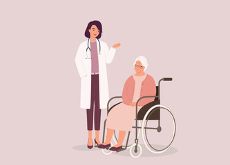 Female Doctor In Lab Coat  And Stethoscope Talking With Senior Woman With Wheelchair. Full Length. Flat Design Style, Character, Cartoon.