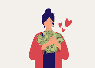 Concept Of Love Of Money. Smiling Woman Hugging A Bunch Of Cash Money. Half Length. Flat Design Style, Character, Cartoon.