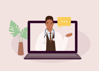 One Smiling Black Male Doctor Giving Online Medical Advice. Telemedicine. Telehealth. Half Length. Flat Design Style, Character, Cartoon.