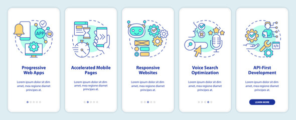 Web development trends onboarding mobile app screen. Digital industry walkthrough 5 steps editable graphic instructions with linear concepts. UI, UX, GUI template. Myriad Pro-Bold, Regular fonts used