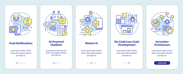 Website technology tendency onboarding mobile app screen. Walkthrough 5 steps editable graphic instructions with linear concepts. UI, UX, GUI template. Myriad Pro-Bold, Regular fonts used