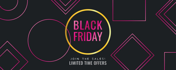 Horizontal banner for Black Friday season sales. Special offer leaflet with golden and pink gradient lettering. Limited time offers. Geometric shapes background. Elegant and minimalistic template.