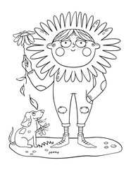 Comic illustration with flower kid for coloring page. Outline illustration on white background for book design.
