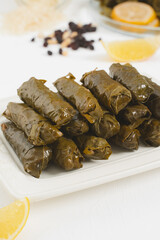 Dolmadakia, Traditional and authentic Mediterranean dish, sarma, rice filled grape leaves, flavors of lemon and herbs, close up domadakia vertical portrait food photo selective focus