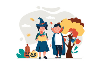 Concept Halloween with people scene in the flat cartoon design. Children in costumes celebrate Halloween and ask everyone for candy. Vector illustration.