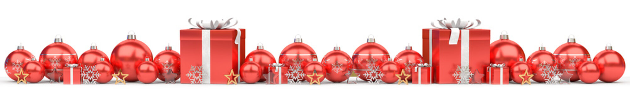 Isolated glossy christmas decoration lined up on white. 3D rendering red shiny baubles ornaments. Gifts with bows and glossy golden stars. Merry Xmas cut out background