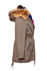 Ladies luxurious and stylish elegant designer parka with colorful lined fur on mannequin isolated...