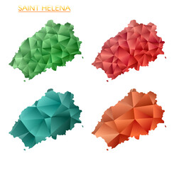 Set of vector polygonal maps of Saint Helena. Bright gradient map of island in low poly style. Multicolored Saint Helena map in geometric style for your infographics. Authentic vector illustration.