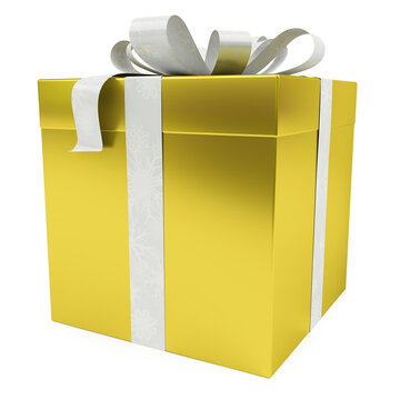 Gold christmas gift isolated on transparent background. 3D rendering present with bow for Xmas