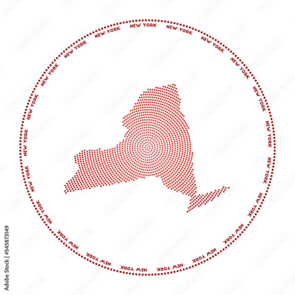 Wall mural New York round logo. Digital style shape of New York in dotted circle with us state name. Tech icon of the us state with gradiented dots. Classy vector illustration.