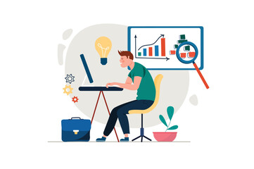 SEO concept with people scene in the flat cartoon style. Programmer works at a computer and analyzes data in tables. Vector illustration.