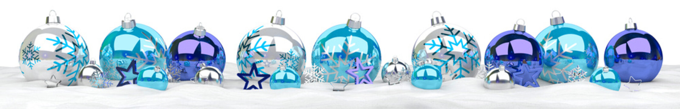 Isolated glossy christmas decoration lined up on white. 3D rendering blue shiny baubles ornaments. Merry Xmas cut out background