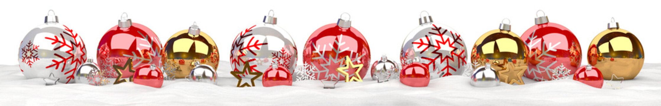 Isolated glossy christmas decoration lined up on white. 3D rendering red shiny baubles ornaments. Merry Xmas cut out background