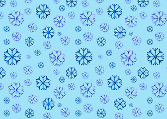 Seamless pattern of snowflakes of different sizes on a blue background.