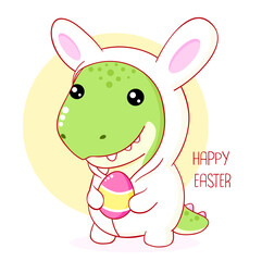 Square card with cute baby monster in bunny costume. Kawaii monster with Easter egg. Inscription Happy Easter. Vector illustration EPS8