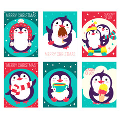 Set of Christmas vertical gift tag, card, badge, sticker with cute penguins. Inscription - Merry Christmas. Template card for greeting, decoration, congratulation, invitation. Vector illustration EPS8