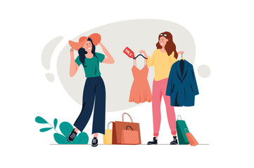 Shopping concept with people scene in the flat cartoon design. Two friends are showing each other the clothes they bought while shopping. Vector illustration.