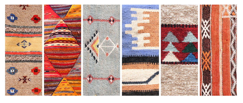 Set of vertical or horizontal banners with textures of berber traditional wool carpet with geometric pattern, Morocc