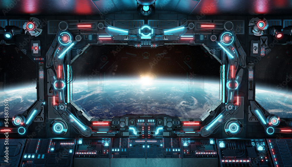 Aufkleber Dark spaceship interior with glowing blue and red lights. Futuristic spacecraft with large window view on planet Earth. 3D rendering