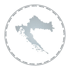 Croatia round logo. Digital style shape of Croatia in a dotted circle with the country name. Tech icon of the country with gradient dots. Awesome vector illustration.