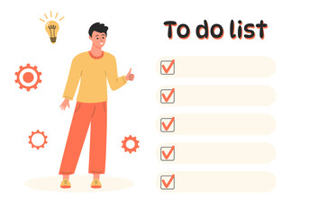 Man showing thumb up and looking at the large to do list. Gear wheels and lightbulb around him. Time management, prioritizing tasks, business idea, plan strategy
