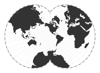 Vector world map in August's epicycloidal conformal projection. A geographical map with latitude and longitude lines, centered at 120 degrees East longitude.