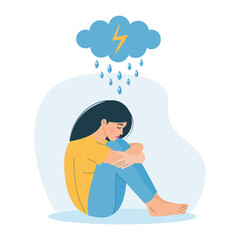 Woman in depression sitting and hugging her knees under rain cloud. Psychology, depression, bad mood, stress, mental health concept.