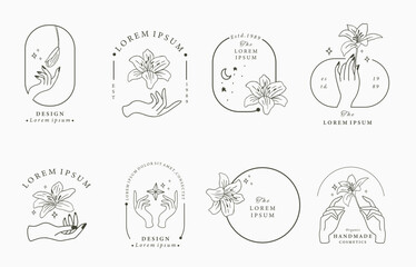 Beauty boho icon collection with hand, lily.Vector illustration for icon,sticker,printable and tattoo