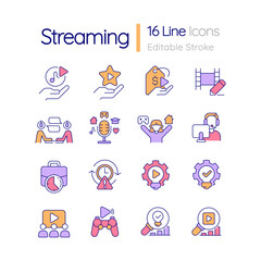 Streaming RGB color icons set. Live streamer. Digital entertainment. Video content. Esports industry. Isolated vector illustrations. Simple filled line drawings collection. Editable stroke