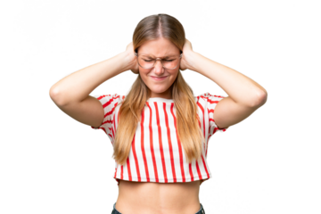 Young beautiful woman over isolated background frustrated and covering ears