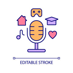 Podcast topic RGB color icon. Entertainment platform. Streaming media. Content production. Radio show themes. Isolated vector illustration. Simple filled line drawing. Editable stroke. Arial font used