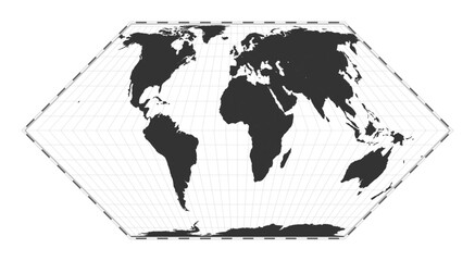 Vector world map. Eckert II projection. Plan world geographical map with latitude/longitude lines. Centered to 0deg longitude. Vector illustration.